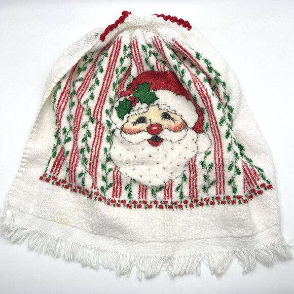 Vintage Crocheted Top Santa Christmas Kitchen Terrycloth Towel Cottage Festive - Picture 3 of 5